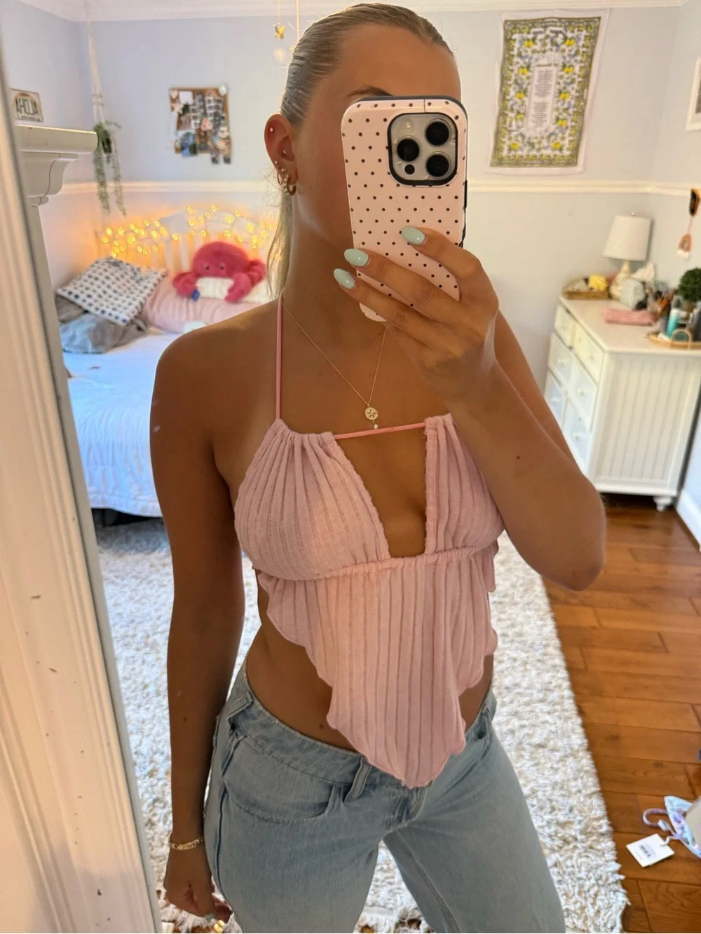 Pink Ribbed Halter Scarf-Style Crop Top - Picture 2 of 3